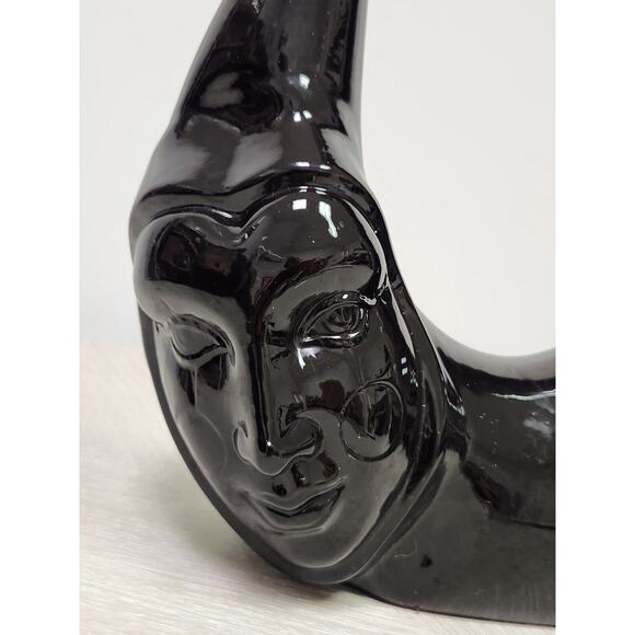 Vintage 80s Black Vase Black Ceramic Crescent Moon Shaped Vessel Pierrot Face - Picture 7 of 11